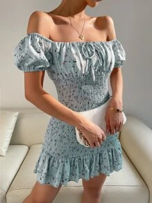 SHEIN Floral Print Off Shoulder Shirred Ruffle Hem Dress - Mint Blue - View 2
