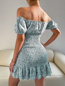 SHEIN Floral Print Off Shoulder Shirred Ruffle Hem Dress - Mint Blue - View 3