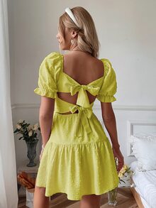 SHEIN VCAY Swiss Dot Tie Backless Puff Sleeve Ruffle Hem Dress - Yellow - View 2