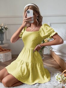 SHEIN VCAY Swiss Dot Tie Backless Puff Sleeve Ruffle Hem Dress - Yellow - View 4