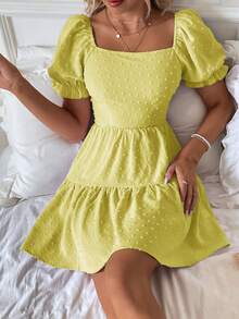SHEIN VCAY Swiss Dot Tie Backless Puff Sleeve Ruffle Hem Dress - Yellow - View 5