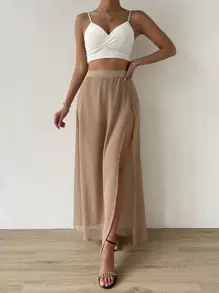 High Waist Split Thigh Skirt - Khaki - View 1