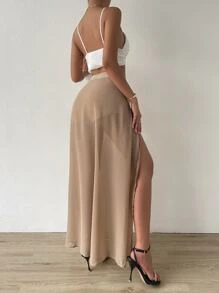 High Waist Split Thigh Skirt - Khaki - View 2