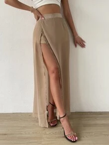 High Waist Split Thigh Skirt - Khaki - View 3