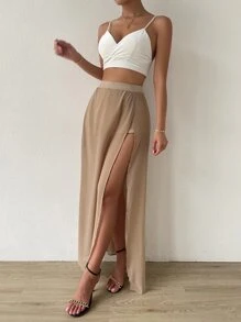High Waist Split Thigh Skirt - Khaki - View 4