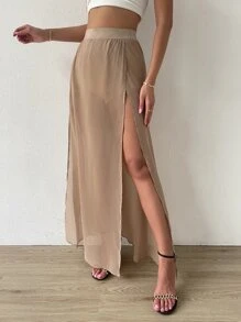High Waist Split Thigh Skirt - Khaki - View 5