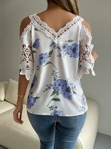 Cold Shoulder Floral Print Contrast Lace Blouse - White - View 2