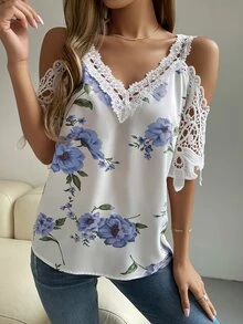Cold Shoulder Floral Print Contrast Lace Blouse - White - View 6