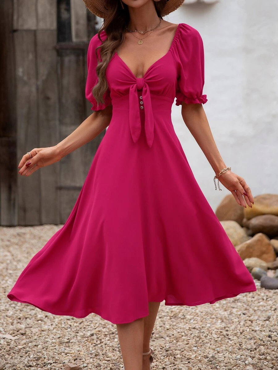 SHEIN VCAY Đầm Nút viền lá sen Thắt nút màu trơn Giải trí - Màu Hoa hồng đỏ - Xem 1
