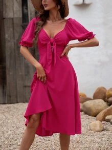 SHEIN VCAY Đầm Nút viền lá sen Thắt nút màu trơn Giải trí - Màu Hoa hồng đỏ - Xem 3