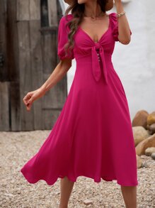 SHEIN VCAY Đầm Nút viền lá sen Thắt nút màu trơn Giải trí - Màu Hoa hồng đỏ - Xem 4