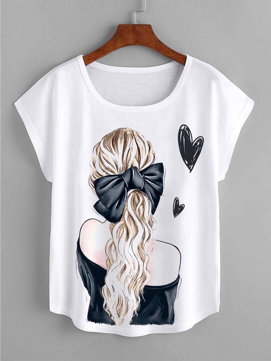 Mulvari Plus Heart & Figure Graphic Dolman Sleeve Tee - White - View 1