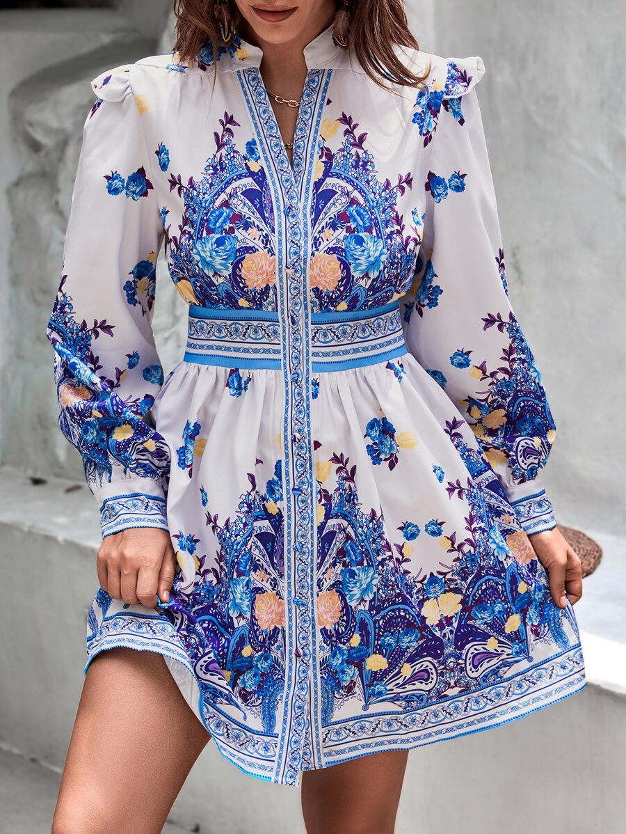 SHEIN VCAY 印花缺口領連衣裙 - 藍色 - 查看 1