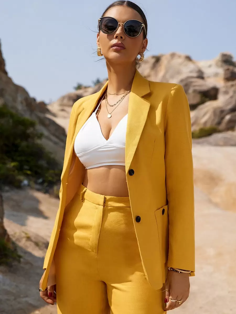 SHEIN BIZwear 西裝領雙口袋單排釦西裝外套工作服 - 黃色 - 查看 1