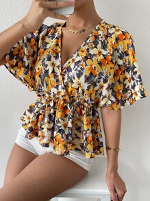 SHEIN VCAY Surplice Neck Allover Floral Print Peplum Top - Multicolor - View 1