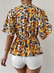 SHEIN VCAY Surplice Neck Allover Floral Print Peplum Top - Multicolor - View 2