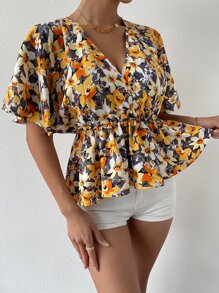 SHEIN VCAY Surplice Neck Allover Floral Print Peplum Top - Multicolor - View 3