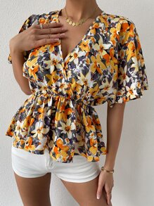 SHEIN VCAY Surplice Neck Allover Floral Print Peplum Top - Multicolor - View 4