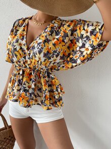 SHEIN VCAY Surplice Neck Allover Floral Print Peplum Top - Multicolor - View 5