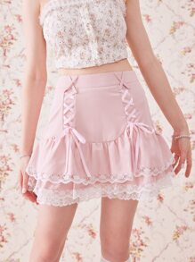 ROMWE Kawaii Solid Lace Up Lace Trim Skirt - Pink - View 1