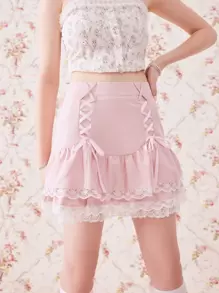 ROMWE Kawaii Solid Lace Up Lace Trim Skirt - Pink - View 3