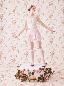 ROMWE Kawaii Solid Lace Up Lace Trim Skirt - Pink - View 4