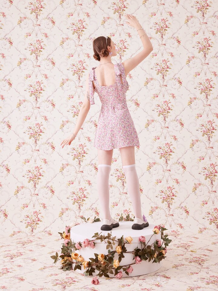 ditsy floral ruched bust cami dress SHEIN VCAY Ditsy Floral Print Tie Shoulder Ruched Bust Cami Dress