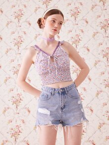 ROMWE 小碎花蕾絲拼接打褶短款上衣 - 彩色 - 查看 2