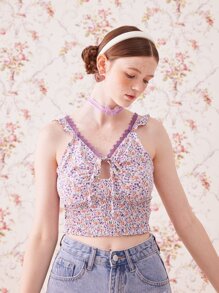 ROMWE 小碎花蕾絲拼接打褶短款上衣 - 彩色 - 查看 3