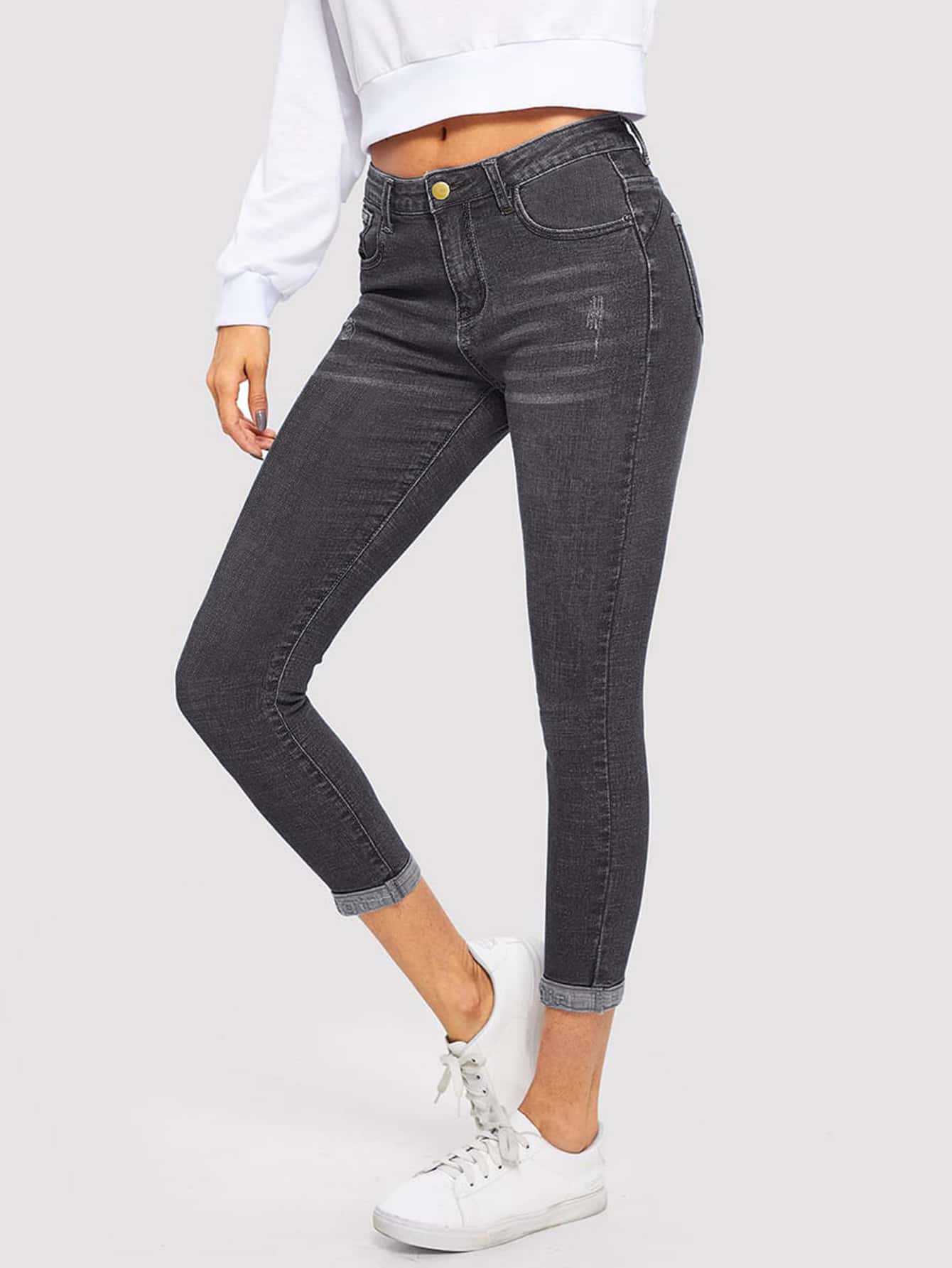 Jeans ajustados con lavado descolorido - Gris Oscuro - Ver 1
