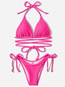 SHEIN Swim Summer Beach Textured Bikini Set Halter Triangle Bra Top & Tie Side Bikini Bottom 2 Piece Bathing Suit - Hot Pink - View 1