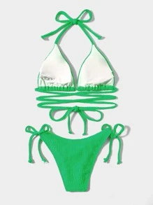 紋理質感比基尼套裝吊脖三角形文胸上衣和側繫帶泳衣下裝2入組泳衣 - 綠色 - 查看 2