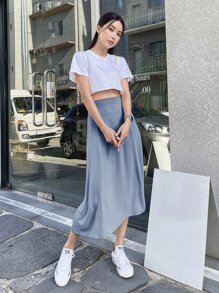 DAZY Solid High Waist Flared Skirt - Dusty Blue - View 5