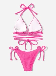 SHEIN Swim Summer Beach Textured Bikini Set Halter Triangle Bra Top & Tie Side Bikini Bottom 2 Piece Bathing Suit - Hot Pink - View 2