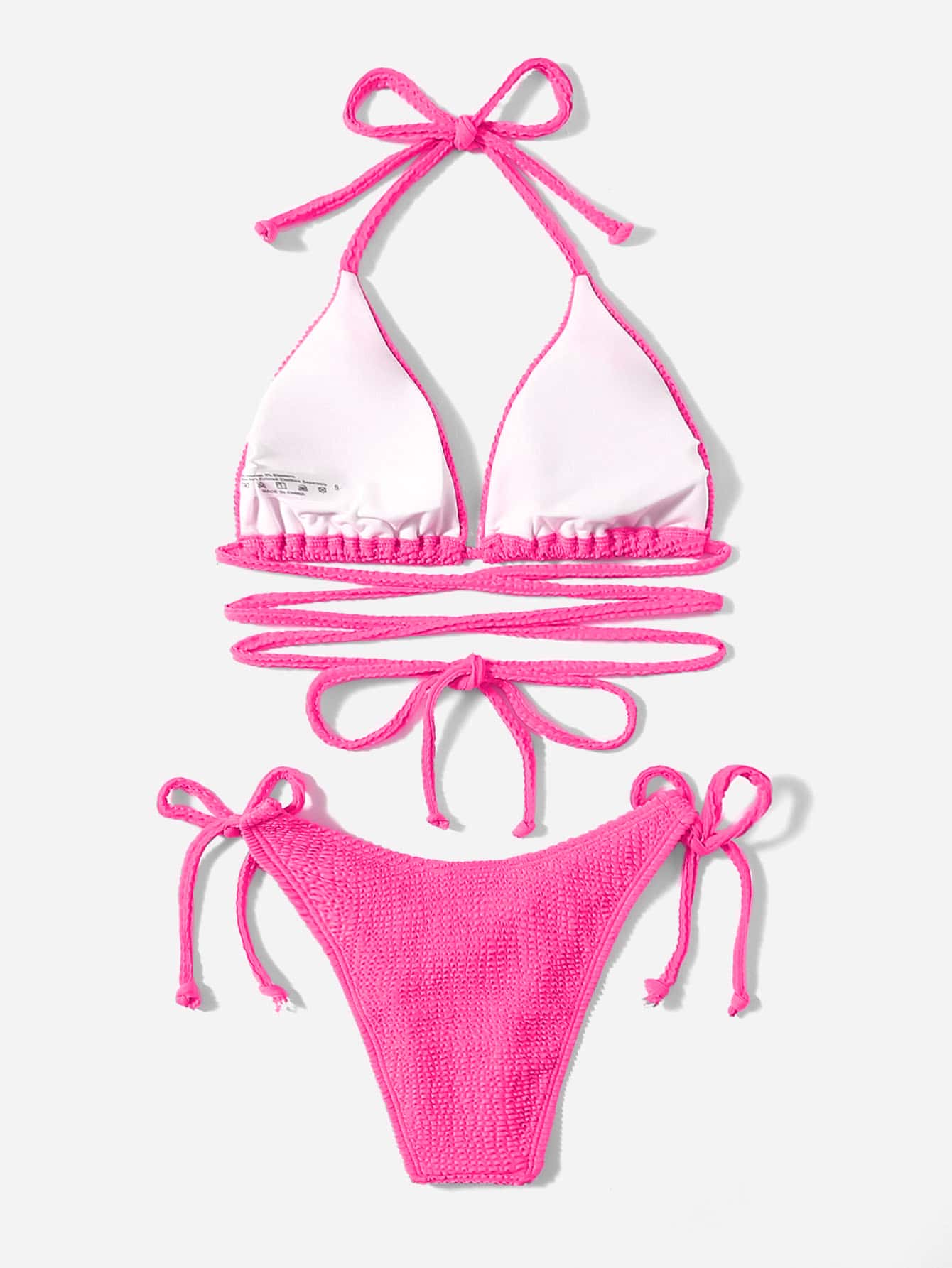 Summer Beach Textured Bikini Set Halter Triangle Bra Top & Tie Side Bikini Bottom 2 Piece Bathing Suit