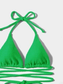 紋理質感比基尼套裝吊脖三角形文胸上衣和側繫帶泳衣下裝2入組泳衣 - 綠色 - 查看 3