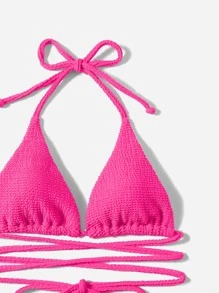 SHEIN Swim Summer Beach Textured Bikini Set Halter Triangle Bra Top & Tie Side Bikini Bottom 2 Piece Bathing Suit - Hot Pink - View 3