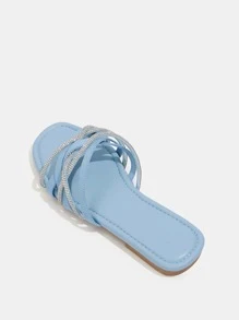Elegant Outdoors Flat Slippers ForWoman Shoes, Glitter Rhinestone Decor Fabric Open Toe Slide Sandals For Spring And Summer - Baby Blue - View 5