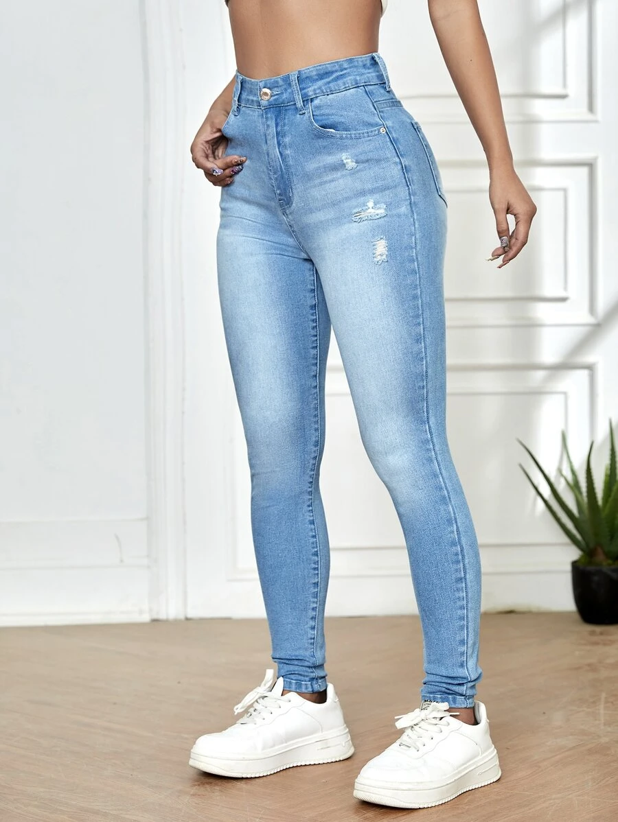 SHEIN EZwear High Waist Bleach Wash Ripped Skinny Jeans - Light Wash - View 1