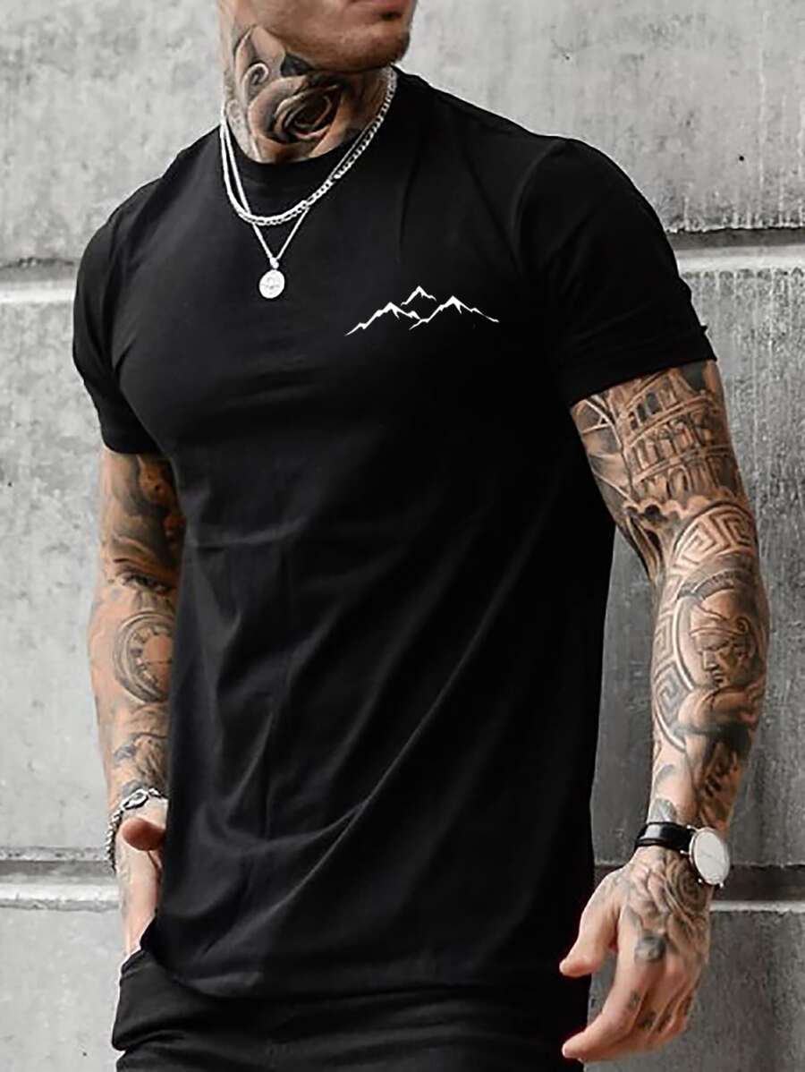 Manfinity Homme Áo thun tay ngắn in hình núi cho nam, Quà tặng bạn trai - màu đen - Xem 1