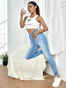 SHEIN EZwear High Waist Bleach Wash Ripped Skinny Jeans - Light Wash - View 4