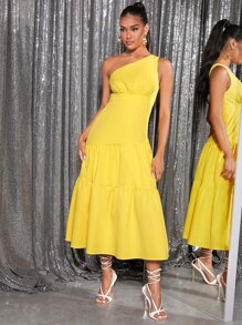 SHEIN Belle Vestido de un hombro bajo con fruncido - Amarillo - Ver 3