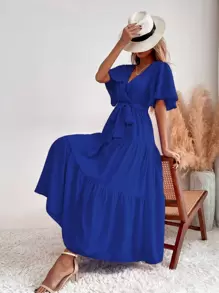 SHEIN Holidaya Vestido con cinturón de cuello cruzado bajo con fruncido - azul real - Ver 1