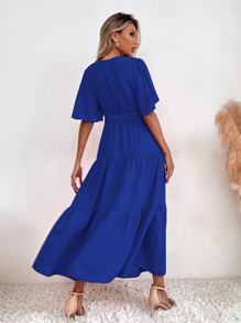 SHEIN Holidaya Vestido con cinturón de cuello cruzado bajo con fruncido - azul real - Ver 2