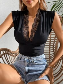 SHEIN Privé Contrast Eyelash Lace Ruched Plunge Neck Tank Top - Black - View 3