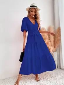 SHEIN Holidaya Vestido con cinturón de cuello cruzado bajo con fruncido - azul real - Ver 6