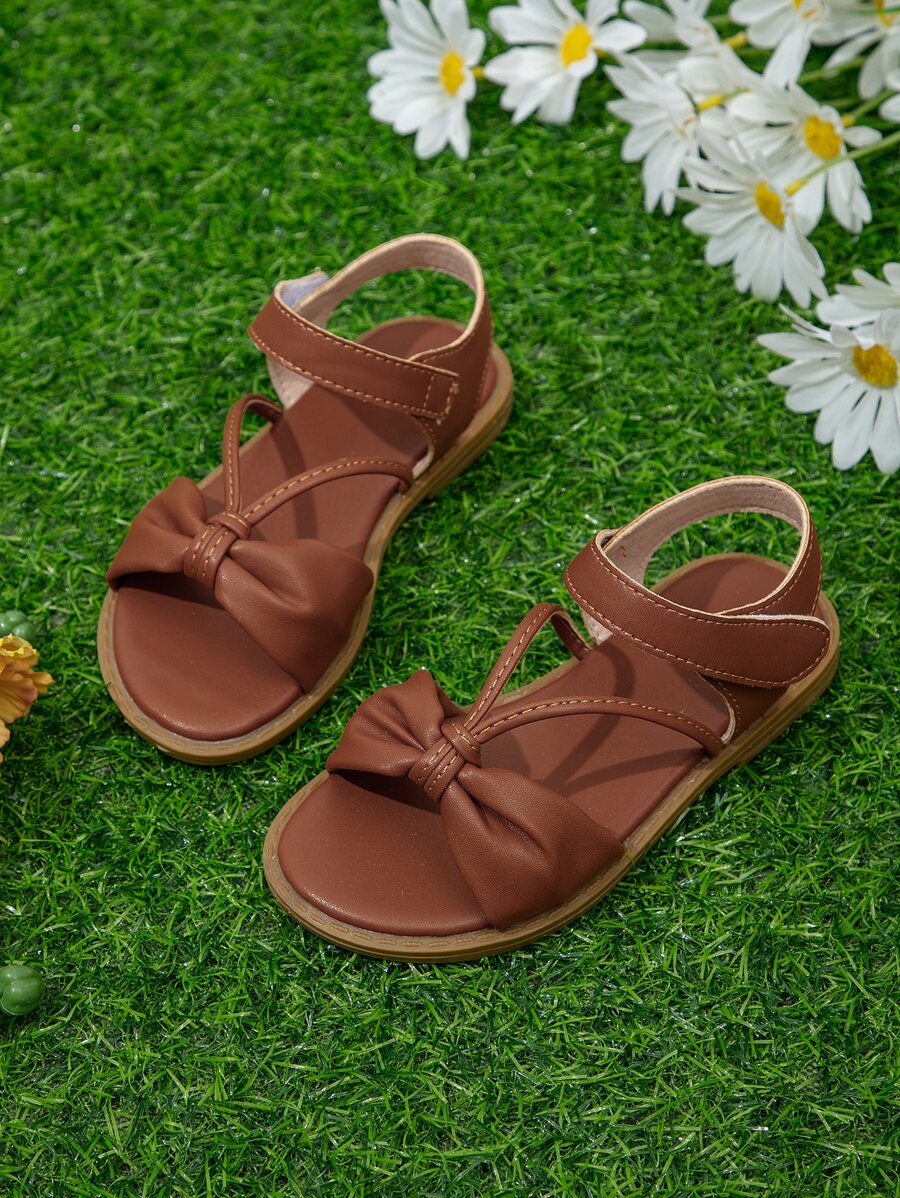 Girls Bow Decor Ankle Strap Sandals - Brown - View 1