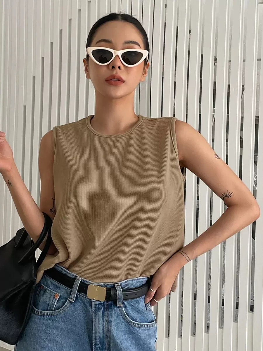 DAZY 纯色罗纹针织背心 夏季 - 卡其色 - 查看 1