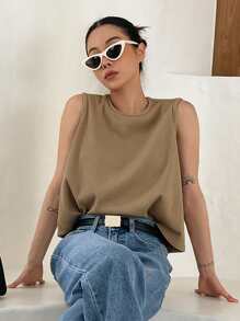 DAZY 纯色罗纹针织背心 夏季 - 卡其色 - 查看 3