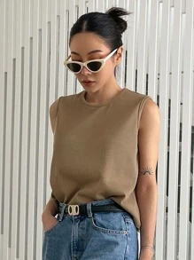 DAZY 纯色罗纹针织背心 夏季 - 卡其色 - 查看 5